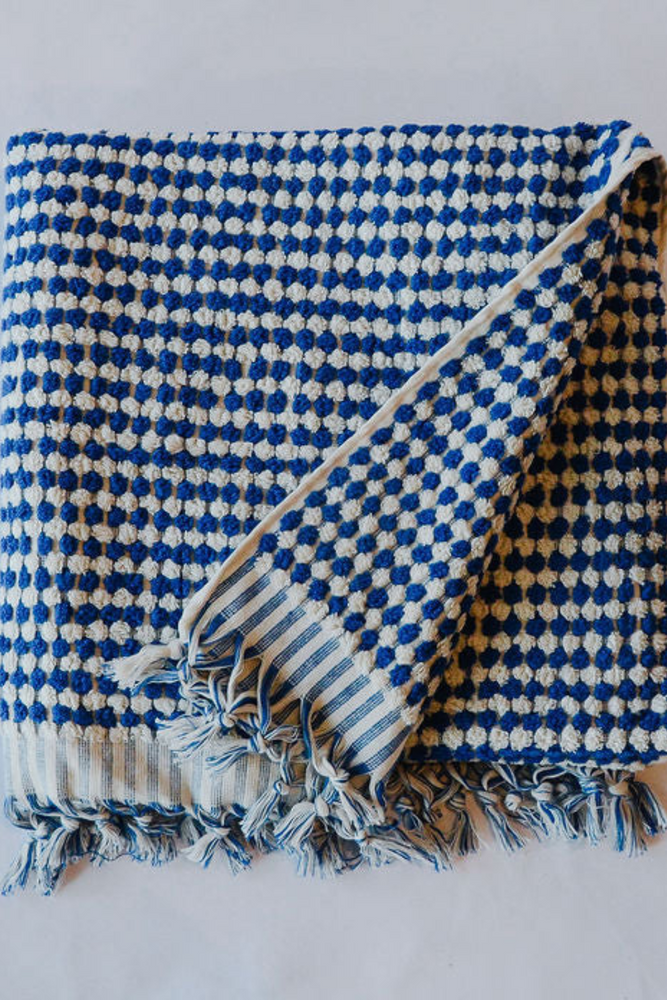 Blue & White Pom Pom Towel-Blanket