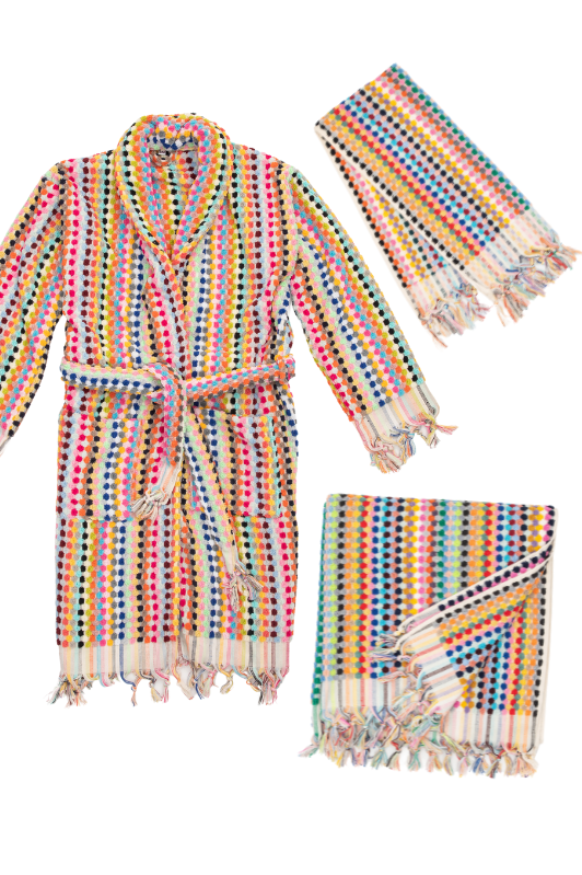 Rainbow Pom Pom Bathrobe & Turkish Towels Matching Set