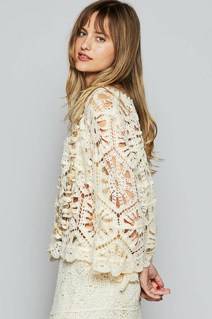3/4 Sleeve Crochet Cropped Top - Black