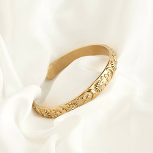 Sun, Moon, Stars Cuff Bracelet - Embossed Celestial Bracelet