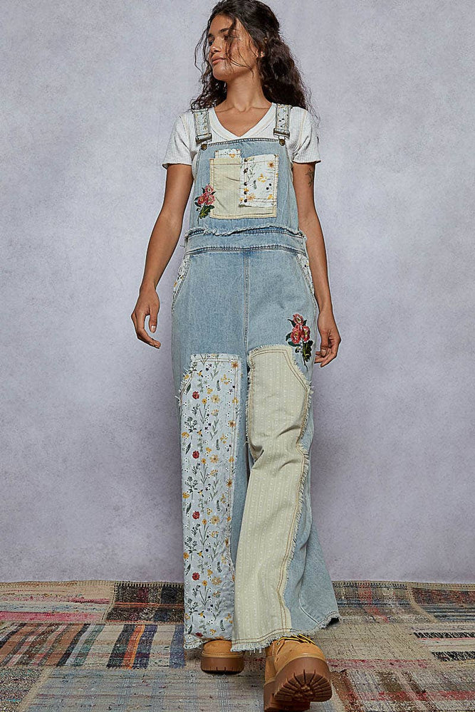 Embroidered Floral Patchwork Overalls - Denim