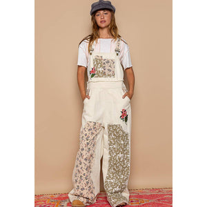 Embroidered Floral Patchwork Overalls - Almond