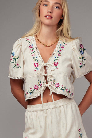 Embroidered Tie-Front Boho Crop Top