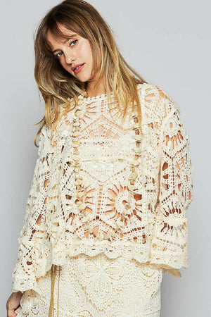 3/4 Sleeve Crochet Cropped Top - Black