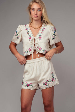 Embroidered Tie-Front Boho Crop Top