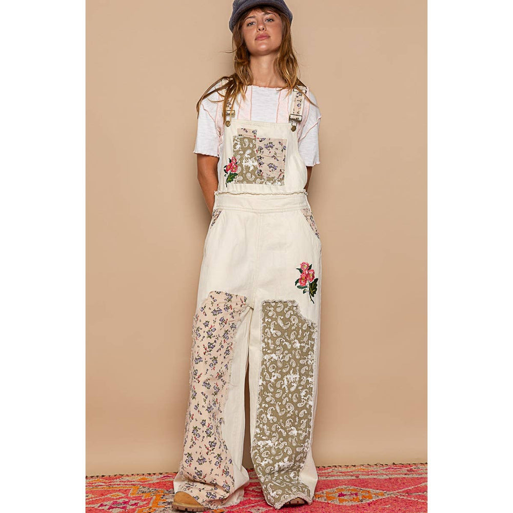 Embroidered Floral Patchwork Overalls - Almond