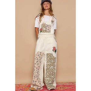 Embroidered Floral Patchwork Overalls - Almond