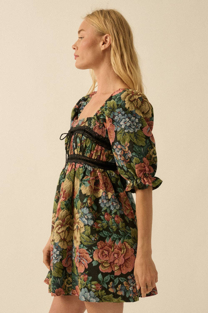 Floral Jacquard Tapestry Puff-Sleeve Mini Dress