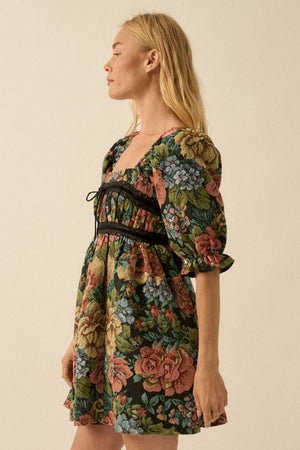 Floral Jacquard Tapestry Puff-Sleeve Mini Dress