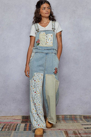 Embroidered Floral Patchwork Overalls - Denim