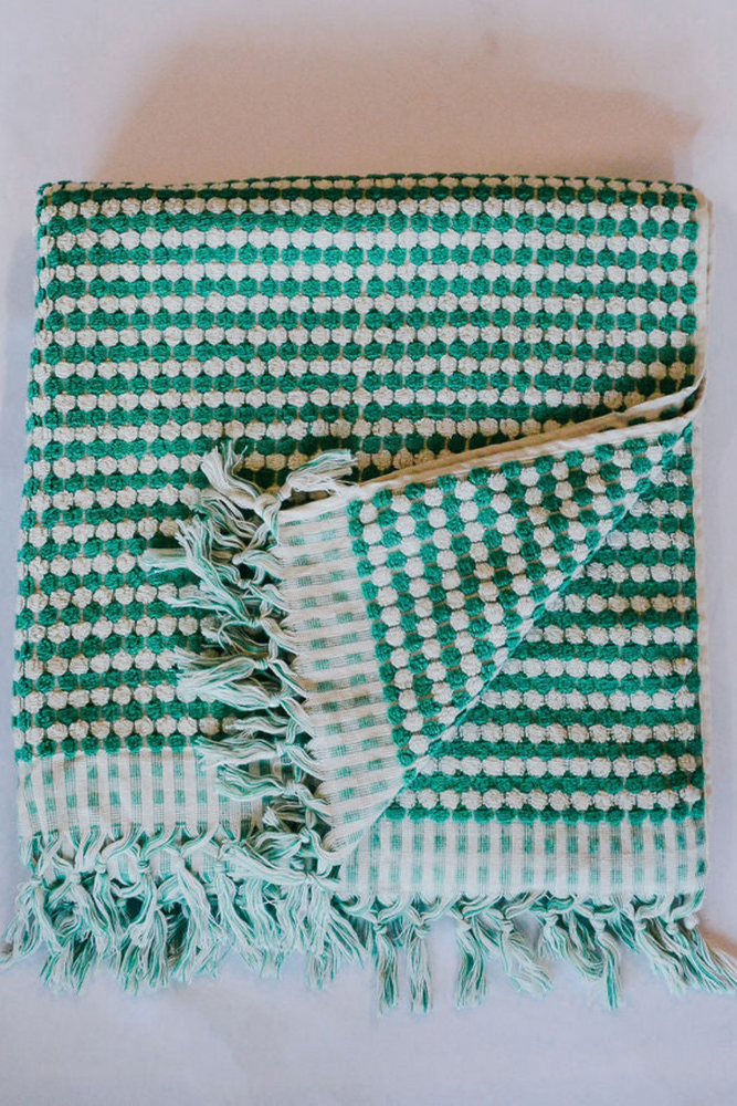 
            
                Load image into Gallery viewer, Emerald &amp;amp; White Pom Pom Towel-Blanket
            
        
