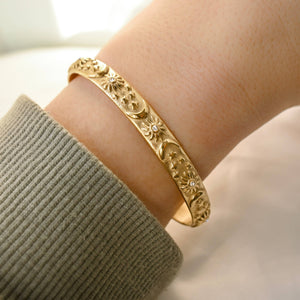 Sun, Moon, Stars Cuff Bracelet - Embossed Celestial Bracelet