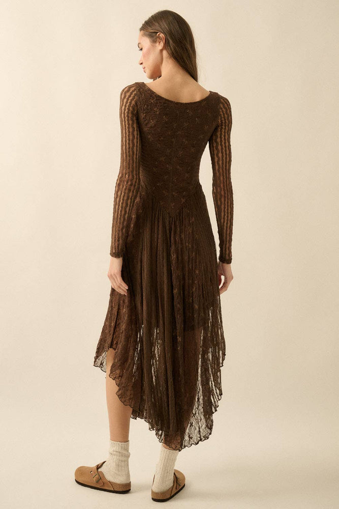 Floral and Lace Long-Sleeve Midi Dress - Cream