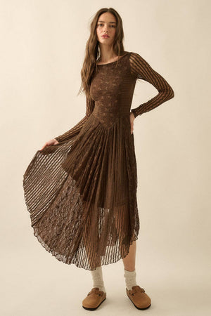 Floral and Lace Long-Sleeve Midi Dress - Cream