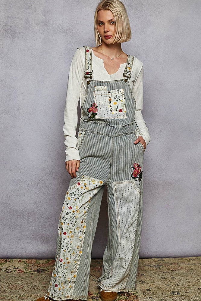 Embroidered Floral Patchwork Overalls - Denim