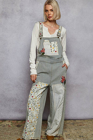 Embroidered Floral Patchwork Overalls - Denim