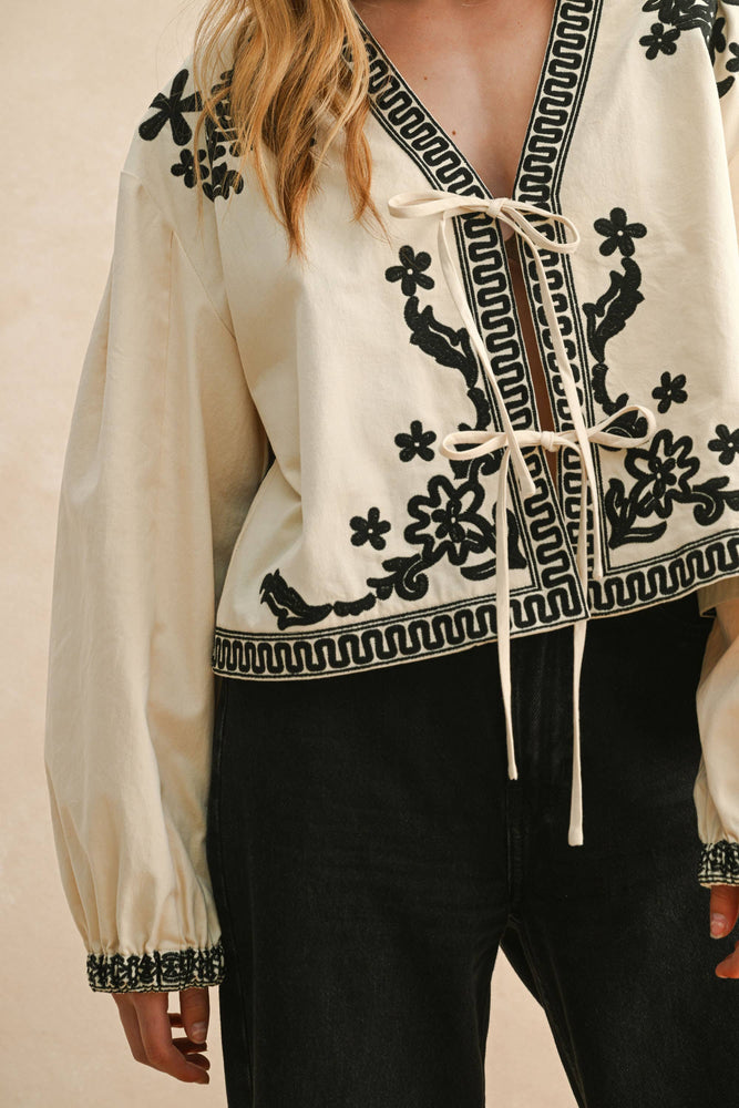 Floral Embroidered Detail Tie Top - Ecru