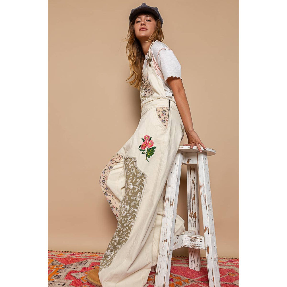 Embroidered Floral Patchwork Overalls - Almond