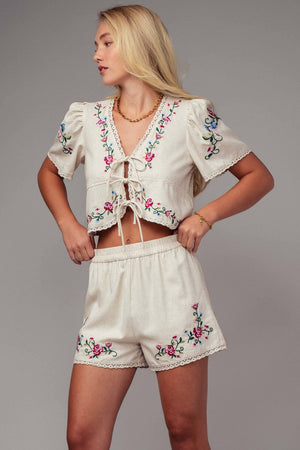 Embroidered Tie-Front Boho Crop Top