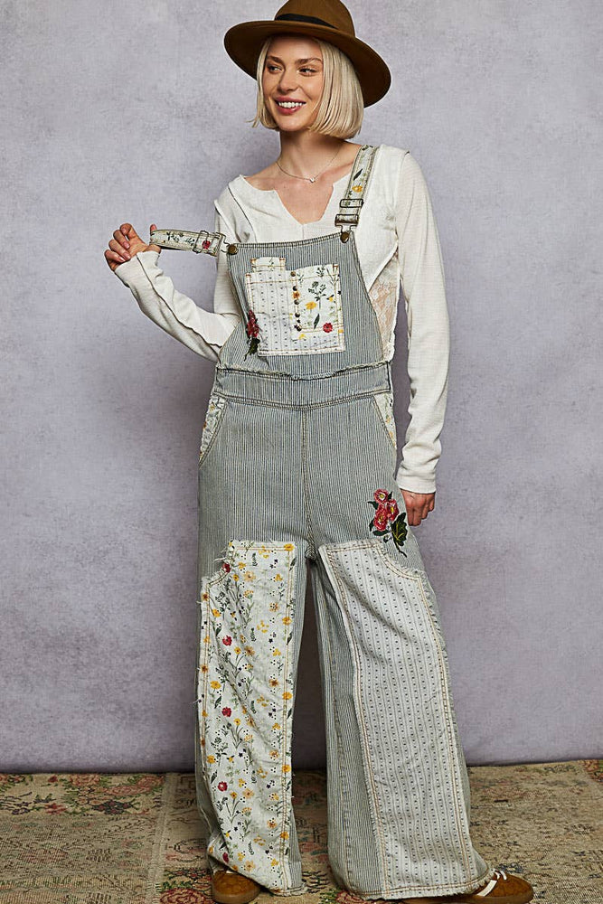Embroidered Floral Patchwork Overalls - Denim
