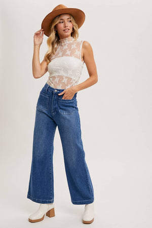 Sheer Floral Embroidery Tank - Ivory