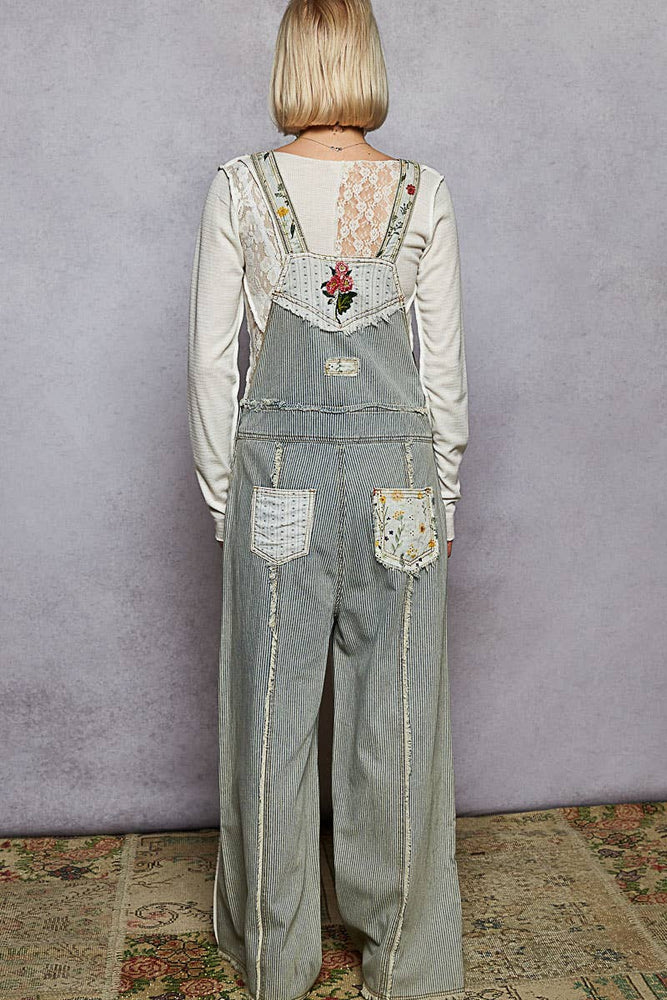 Embroidered Floral Patchwork Overalls - Denim