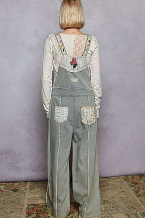Embroidered Floral Patchwork Overalls - Denim
