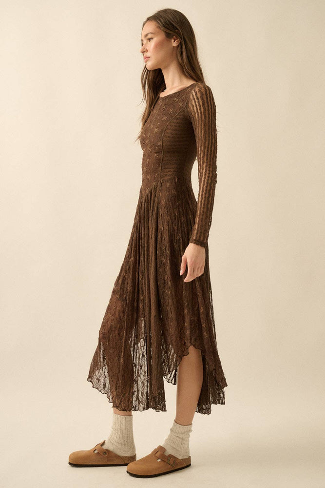 Floral and Lace Long-Sleeve Midi Dress - Cream