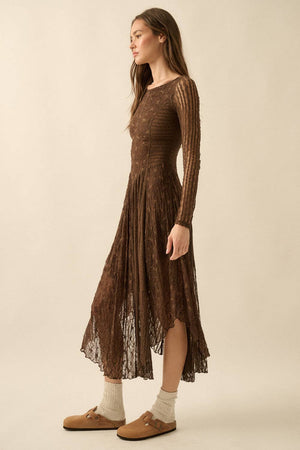 Floral and Lace Long-Sleeve Midi Dress - Cream