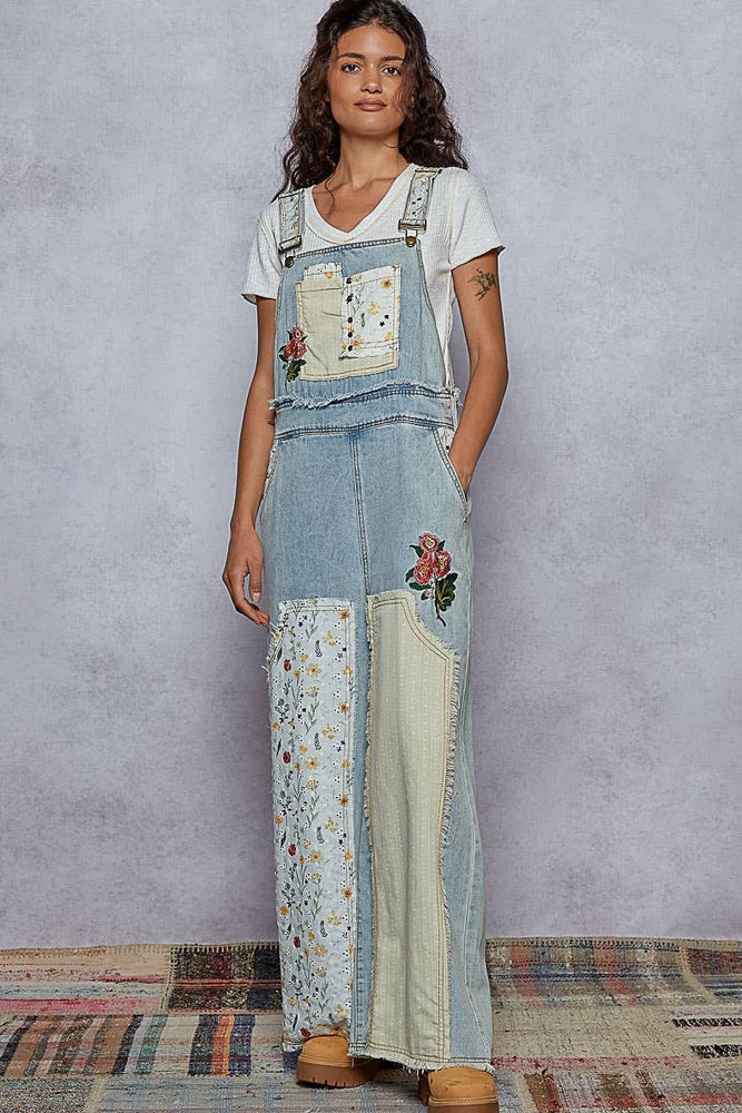 Embroidered Floral Patchwork Overalls - Denim