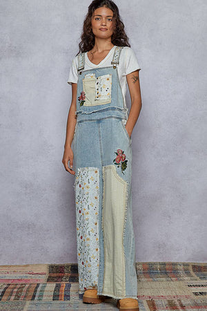 Embroidered Floral Patchwork Overalls - Denim