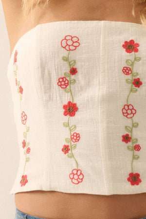 Floral Embroidered Cotton Strapless Corset Top