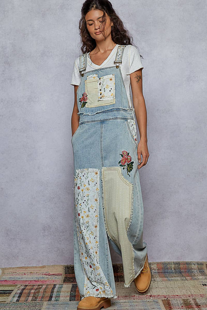 Embroidered Floral Patchwork Overalls - Denim