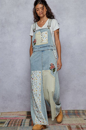 Embroidered Floral Patchwork Overalls - Denim