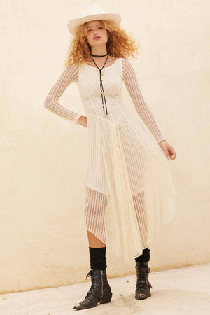 Floral and Lace Long-Sleeve Midi Dress - Cream