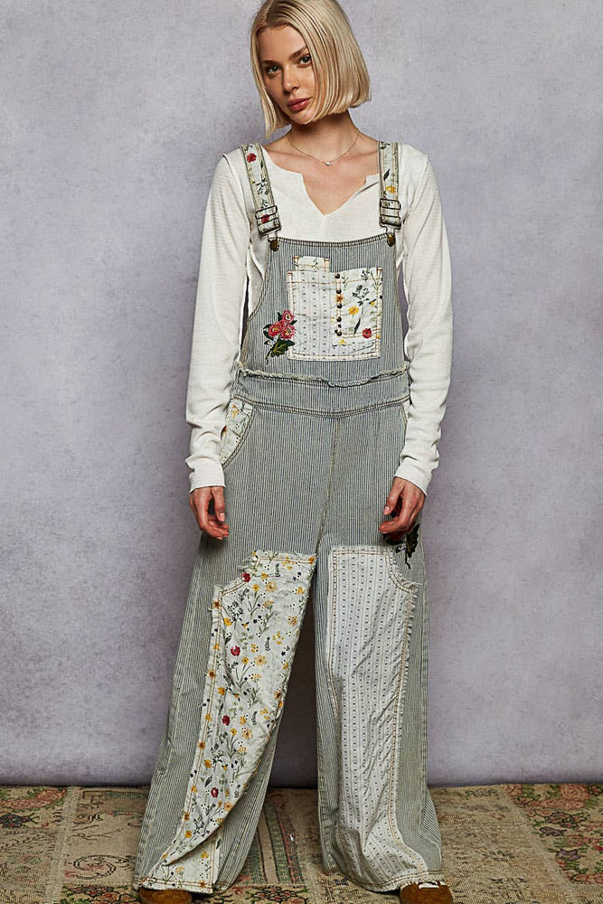 Embroidered Floral Patchwork Overalls - Denim