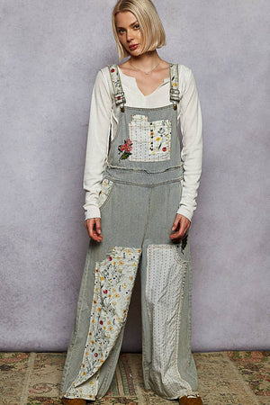 Embroidered Floral Patchwork Overalls - Denim