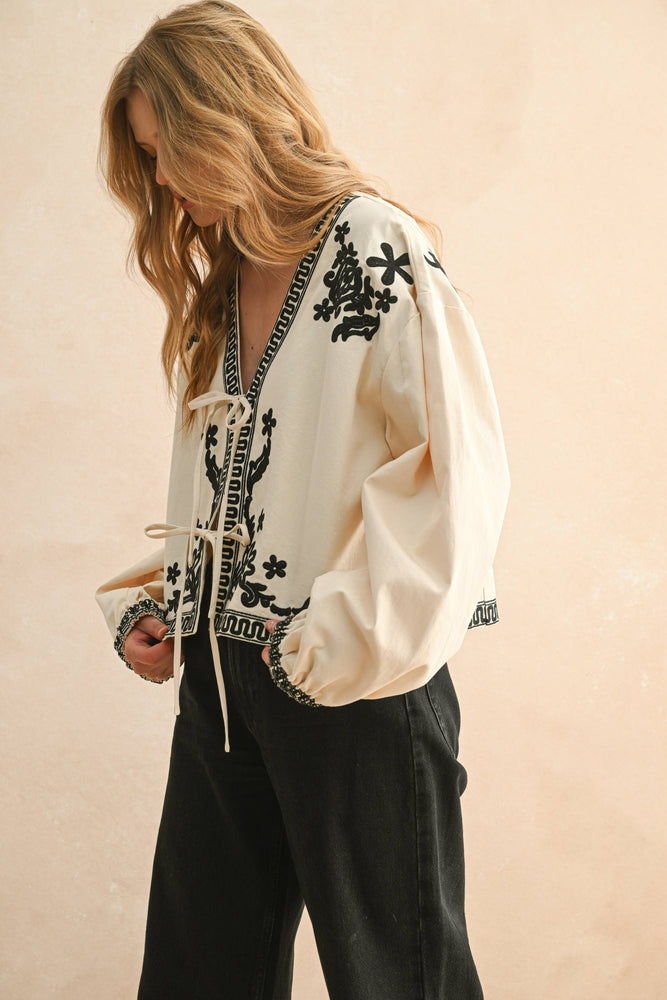 Floral Embroidered Detail Tie Top - Ecru