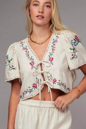 Embroidered Tie-Front Boho Crop Top