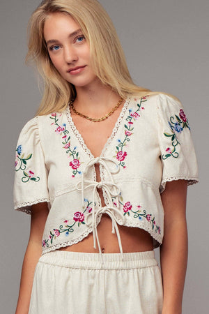 Embroidered Tie-Front Boho Crop Top
