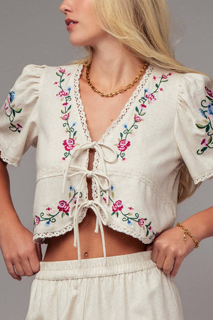 Embroidered Tie-Front Boho Crop Top