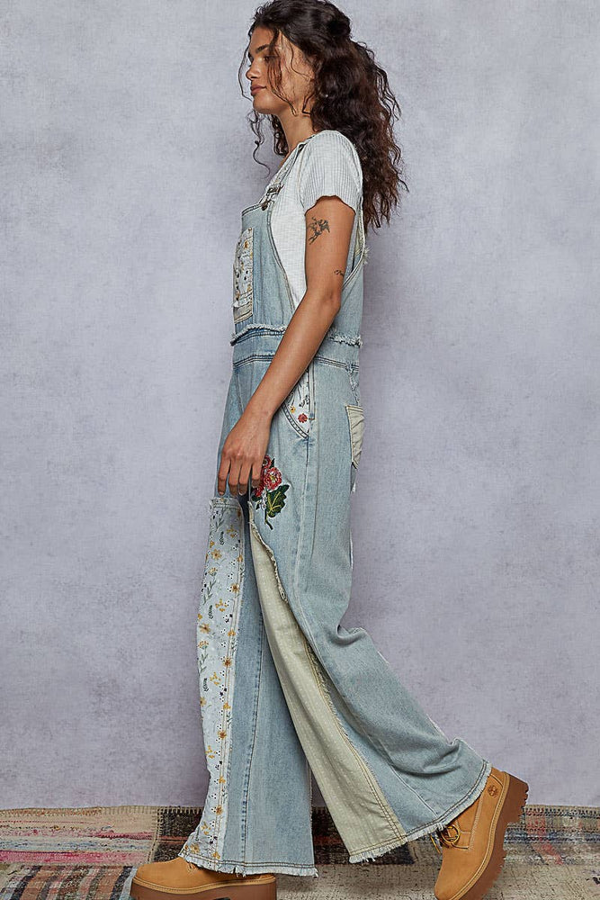 Embroidered Floral Patchwork Overalls - Denim