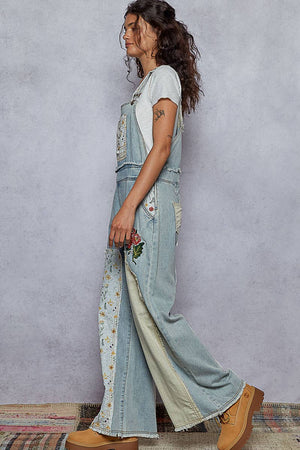 Embroidered Floral Patchwork Overalls - Denim
