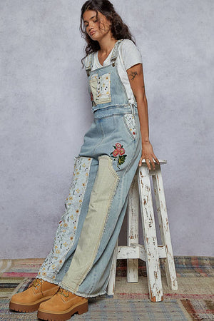 Embroidered Floral Patchwork Overalls - Denim