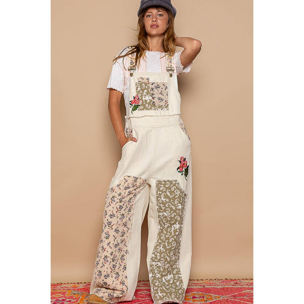 Embroidered Floral Patchwork Overalls - Almond