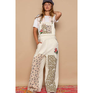 Embroidered Floral Patchwork Overalls - Almond