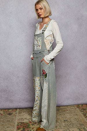 Embroidered Floral Patchwork Overalls - Denim