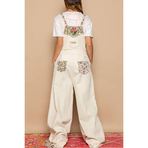 Embroidered Floral Patchwork Overalls - Almond