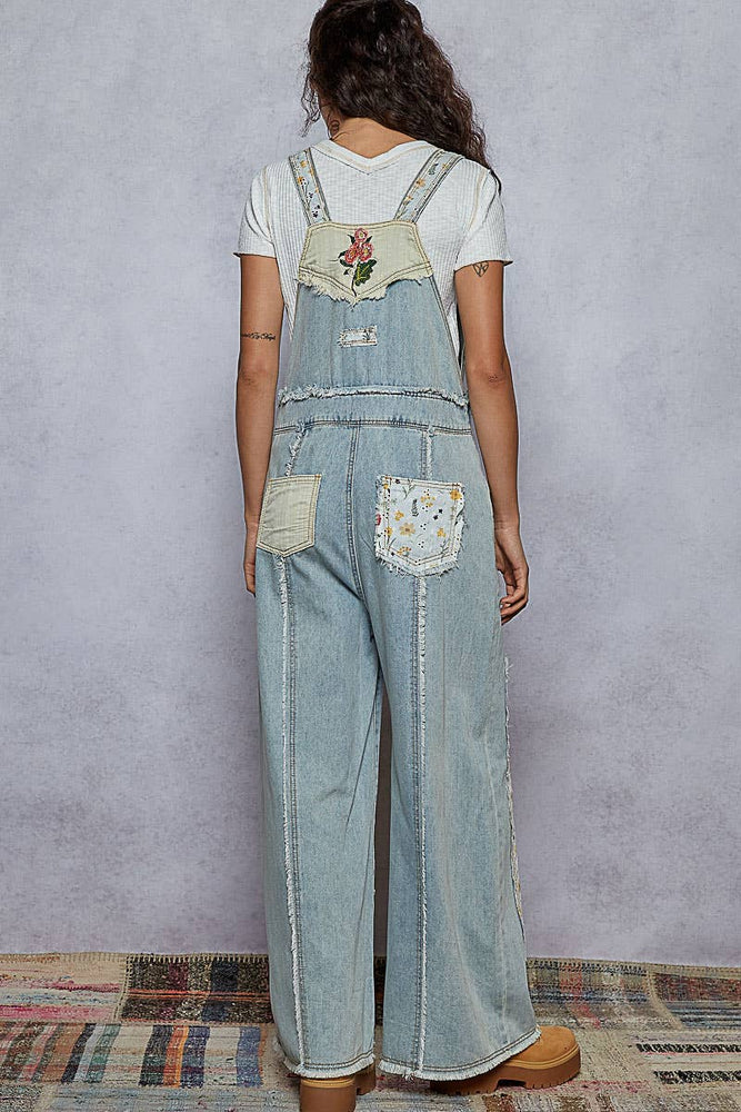 Embroidered Floral Patchwork Overalls - Denim