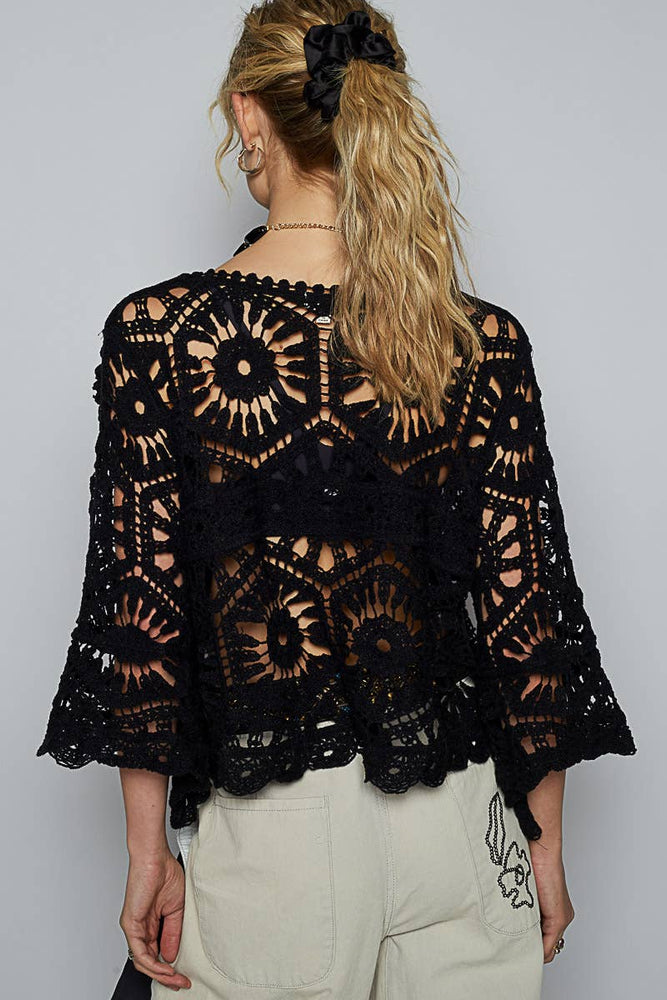 3/4 Sleeve Crochet Cropped Top - Black
